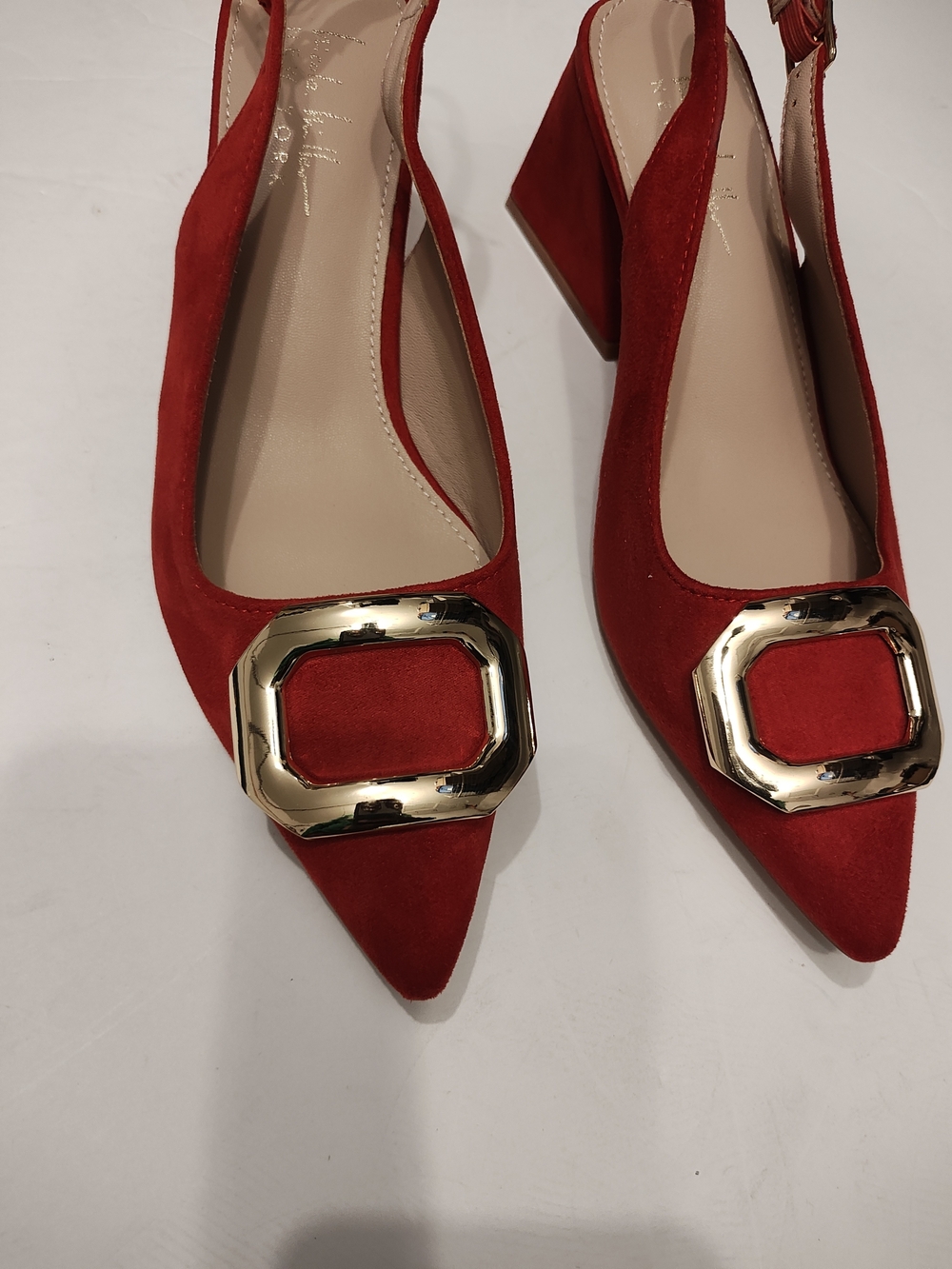 Nicole Miller Red Suede Pointed Slingback Sandals with Gold Buckle